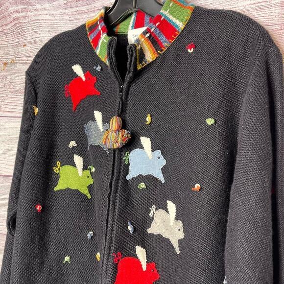 Vintage Susan Bristol Flying Pigs Embroidered Zip Cardigan Jacket Size Small - Picture 5 of 11